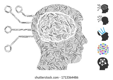 Icono de conexión de computador cerebral de mosaico diseñado a partir de elementos rectos en diferentes tamaños y tonos de color. Los elementos del portón vectorial se agrupan en un icono abstracto de conexión de mosaico cerebro-cerebro.