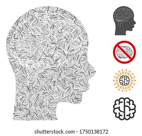Hatch mosaic brain icon composed of narrow items in different sizes and color hues. Line items are composed into abstract vector collage brain icon. Bonus pictograms are added.