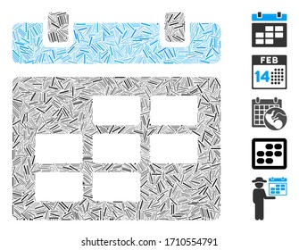 Hatch mosaic calendar icon constructed from narrow items in random sizes and color hues. Vector hatch items are grouped into abstract mosaic calendar icon. Bonus pictograms are added.