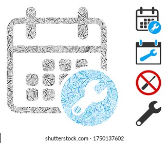 Hatch mosaic calendar setup icon designed from straight items in various sizes and color hues. Irregular hatch items are grouped into abstract vector mosaic calendar setup icon. Bonus icons are added.