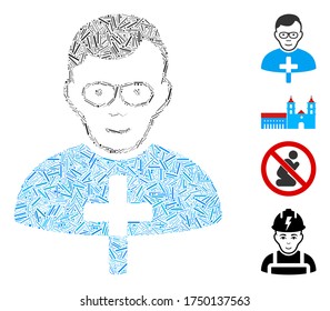 Hatch mosaic catholic shepherd icon united from straight elements in random sizes and color hues. Lines elements are united into abstract vector mosaic catholic shepherd icon.