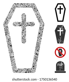 Hatch mosaic christian coffin icon composed of narrow items in different sizes and color hues. Irregular hatch items are grouped into abstract vector composition christian coffin icon.