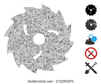 Hatch mosaic circular wood blade icon designed from thin items in different sizes and color hues. Vector linear items are grouped into abstract mosaic circular wood blade icon. Bonus icons are added.