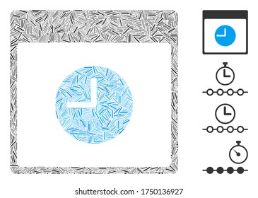 Hatch mosaic clock calendar page icon designed from thin items in various sizes and color hues. Line items are grouped into abstract vector mosaic clock calendar page icon. Bonus icons are placed.