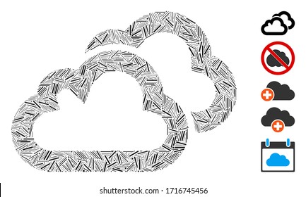Hatch mosaic clouds icon united from thin elements in random sizes and color hues. Vector linear items are united into abstract mosaic clouds icon. Bonus pictograms are placed.