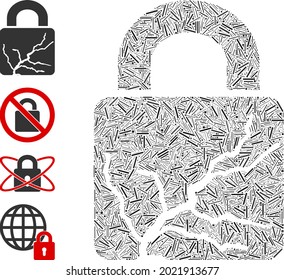 Hatch mosaic corrupted lock icon united from narrow items in random sizes and color hues. Linear items are grouped into abstract vector mosaic corrupted lock icon. Bonus icons are added.