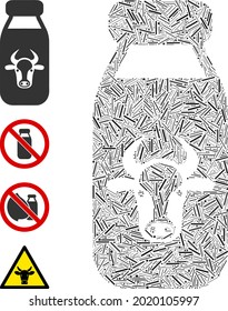 Hatch mosaic cow milk icon united from narrow items in random sizes and color hues. Lines items are united into abstract vector mosaic cow milk icon. Bonus icons are placed.