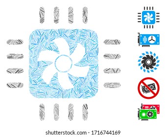 Hatch mosaic CPU cooler icon united from straight items in various sizes and color hues. Vector hatch elements are arranged into abstract mosaic CPU cooler icon. Bonus icons are placed.