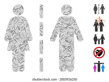 Hatch mosaic divorce line icon united from narrow elements in various sizes and color hues. Vector hatch elements are united into abstract composition divorce line icon. Bonus icons are added.