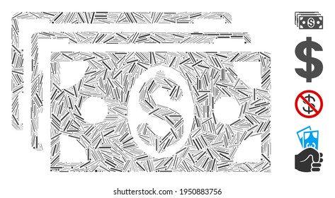 Hatch mosaic dollar banknotes icon constructed from thin items in different sizes and color hues. Irregular hatch items are grouped into abstract vector collage dollar banknotes icon.