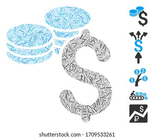 Hatch Mosaik-Dollar-Münzen Symbol aus schmalen Gegenständen in verschiedenen Größen und Farbtönen organisiert. Vektorillustration-Lukenartikel sind in ein abstraktes Illustrationssymbol für Dollarmünzen eingeteilt. Bonussymbole werden hinzugefügt.