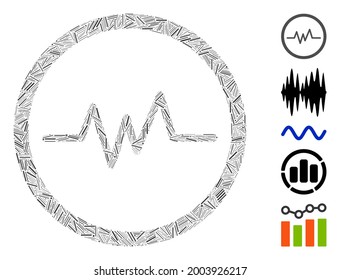Hatch mosaic echogram icon designed from straight items in variable sizes and color hues. Vector hatch parts are arranged into abstract mosaic echogram icon. Bonus icons are placed.