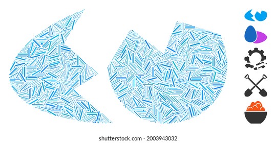 Hatch mosaic eggshell icon organized from narrow elements in various sizes and color hues. Vector hatch items are combined into abstract mosaic eggshell icon. Bonus pictograms are placed.