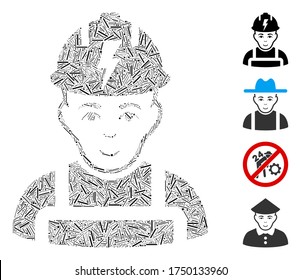 Hatch mosaic electrician icon composed of straight elements in various sizes and color hues. Linear elements are composed into abstract vector illustration electrician icon. Bonus icons are added.