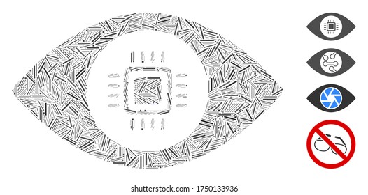 Icono de la lente de visión electrónica de mosaico de acoplamiento compuesto por elementos estrechos de diferentes tamaños y tonos de color. Los elementos lineales se organizan en un icono abstracto de lente de visión electrónica de mosaico vectorial.