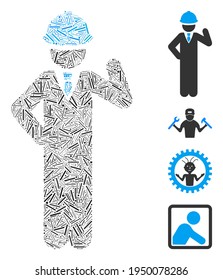 Hatch mosaic engineer icon organized from narrow items in variable sizes and color hues. Lines items are united into abstract vector mosaic engineer icon. Bonus icons are added.