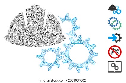 Hatch mosaic engineering helmet and gears icon composed of narrow elements in different sizes and color hues. Vector hatch items are composed into abstract mosaic engineering helmet and gears icon.