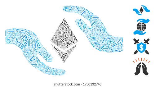 Hatch mosaic Ethereum care hands icon designed from narrow items in various sizes and color hues. Line items are united into abstract vector mosaic Ethereum care hands icon.
