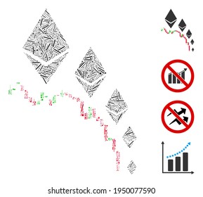 Hatch mosaic Ethereum Deflation Diagramm Symbol aus schmalen Gegenständen in verschiedenen Größen und Farbtönen. Lineare Elemente sind in abstraktes Vektormosaik Ethereum Deflation Diagramm Symbol organisiert.