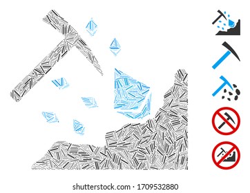 Hatch mosaic Ethereum mining hammer icon organized from straight items in variable sizes and color hues. Vector hatch items are composed into abstract mosaic Ethereum mining hammer icon.