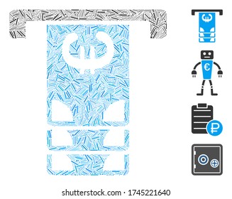 Hatch mosaic Euro ATM withdraw icon organized from narrow elements in various sizes and color hues. Irregular hatch parts are combined into abstract vector mosaic Euro ATM withdraw icon.