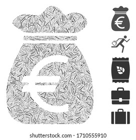 Hatch mosaic Euro money bag icon organized from narrow items in different sizes and color hues. Vector linear items are united into abstract mosaic Euro money bag icon. Bonus pictograms are placed.