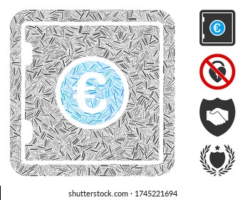 Hatch mosaic Euro safe icon united from thin elements in different sizes and color hues. Irregular hatch elements are grouped into abstract vector collage Euro safe icon. Bonus pictograms are placed.