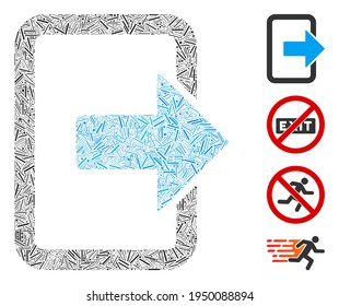 Hatch mosaic exit door icon organized from thin elements in random sizes and color hues. Line items are organized into abstract vector mosaic exit door icon. Bonus pictograms are placed.