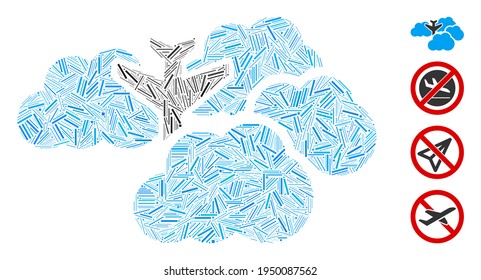 Icono de la caída del mosaico del mosaico del emparejamiento en nubes diseñado a partir de elementos estrechos de diferentes tamaños y tonos de color. Los elementos de líneas se componen en mosaico vector abstracto que cae en el avión en el icono de nubes.