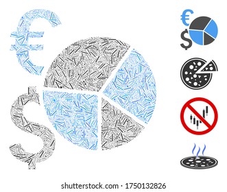 Hatch mosaic financial pie chart icon organized from thin items in random sizes and color hues. Irregular hatch items are arranged into abstract vector mosaic financial pie chart icon.