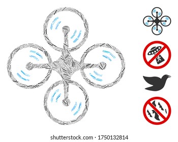 Icono del cuadricóptero volador del mosaico de mosaico empotrado de elementos estrechos de varios tamaños y tonos de color. Los elementos de línea se unen en el icono abstracto del cuadrante volante del vector. Se agregan iconos de bonificación.