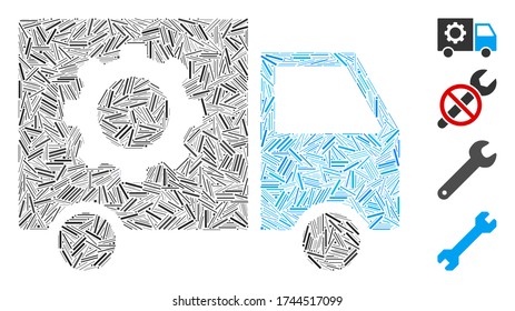Hatch mosaic gear tools delivery car icon constructed from straight items in variable sizes and color hues. Irregular hatch items are combined into abstract vector mosaic gear tools delivery car icon.