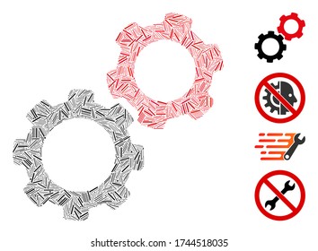 Hatch mosaic gears icon composed of thin elements in different sizes and color hues. Irregular hatch elements are grouped into abstract vector illustration gears icon. Bonus pictograms are added.
