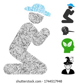 Hatch mosaic gentleman pray icon composed of thin items in random sizes and color hues. Irregular hatch items are organized into abstract vector illustration gentleman pray icon.