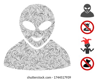Hatch mosaic glad alien person icon organized from straight items in different sizes and color hues. Linear parts are organized into abstract vector mosaic glad alien person icon.