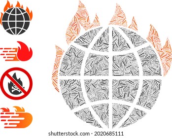 Hatch mosaic global warming fire icon designed from thin items in random sizes and color hues. Irregular hatch items are grouped into abstract vector mosaic global warming fire icon.