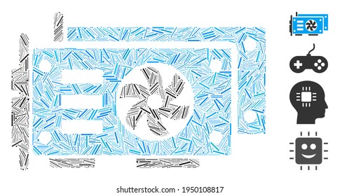 Hatch mosaic GPU video cards icon designed from thin elements in different sizes and color hues. Irregular hatch elements are arranged into abstract vector mosaic GPU video cards icon.