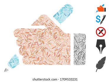 Hatch mosaic Hand Bleistift Symbol vereint aus schmalen Gegenständen in zufälligen Größen und Farbtönen. Vektorillustration Luke Elemente sind in abstraktes Mosaik Handstift Symbol vereint. Bonuspiktogramme werden hinzugefügt.