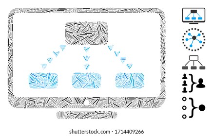 Hatch mosaic hierarchy monitoring icon united from thin elements in variable sizes and color hues. Vector linear items are united into abstract mosaic hierarchy monitoring icon. Bonus icons are added.