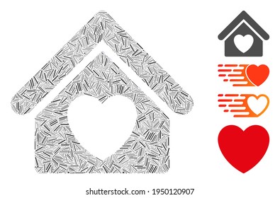 Hatch mosaic hospice icon constructed from thin elements in various sizes and color hues. Irregular hatch elements are composed into abstract vector collage hospice icon. Bonus pictograms are placed.