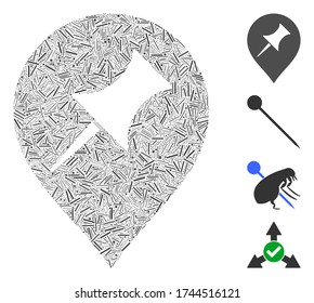 Hatch mosaic interest pin marker icon united from narrow items in random sizes and color hues. Irregular hatch items are grouped into abstract vector composition interest pin marker icon.