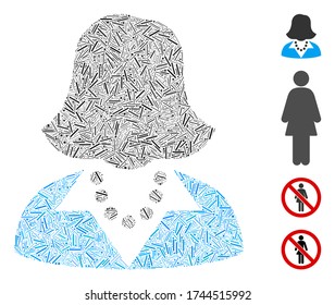 Hatch mosaic lady icon united from narrow items in different sizes and color hues. Irregular hatch items are combined into abstract vector mosaic lady icon. Bonus pictograms are added.