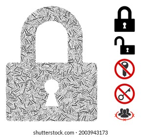 Icono de bloqueo de mosaico de mosaico de mosaico construido a partir de elementos rectos de varios tamaños y tonos de color. Las partes del portón vectorial se componen en un icono abstracto de bloqueo de mosaico. Se añaden pictogramas bonificados.