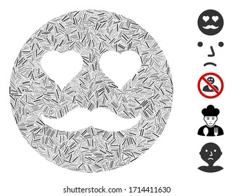 Hatch mosaic lover smiley icon designed from narrow items in variable sizes and color hues. Vector hatch elements are composed into abstract mosaic lover smiley icon. Bonus icons are added.