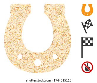 Hatch mosaic lucky horseshoe icon organized from thin items in random sizes and color hues. Irregular hatch items are composed into abstract vector collage lucky horseshoe icon. Bonus icons are added.