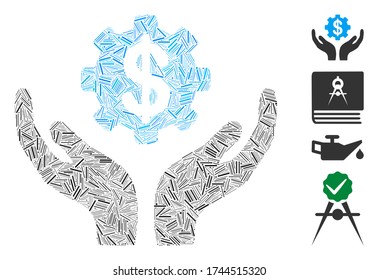 Hatch mosaic maintenance price icon constructed from narrow items in different sizes and color hues. Irregular hatch items are composed into abstract vector mosaic maintenance price icon.