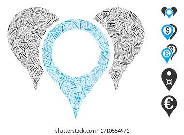 Hatch mosaic map markers icon united from thin items in various sizes and color hues. Vector line items are united into abstract mosaic map markers icon. Bonus icons are added.