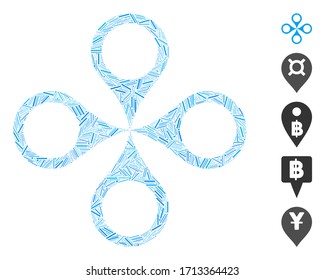Hatch mosaic Karte Marker Symbol vereint aus schmalen Elementen in verschiedenen Größen und Farbtönen. Vektorillustration Lukenelemente werden zu einem abstrakten Mosaik-Kartenmarkierungssymbol zusammengefasst. Bonussymbole werden platziert.