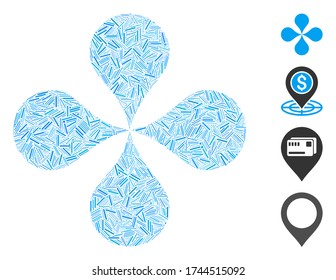 Hatch mosaic map pointers icon constructed from thin elements in variable sizes and color hues. Irregular hatch items are combined into abstract vector mosaic map pointers icon.