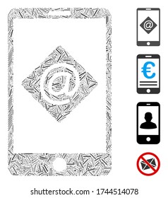 Hatch mosaic mobile email icon united from thin items in different sizes and color hues. Lines items are united into abstract vector illustration mobile email icon. Bonus pictograms are added.